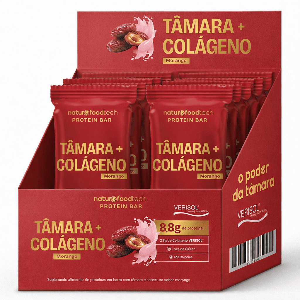 Caixa Com 12 Unidades - Barrinha De Tâmara com Colágeno Verisol® - Cobertura de Morango