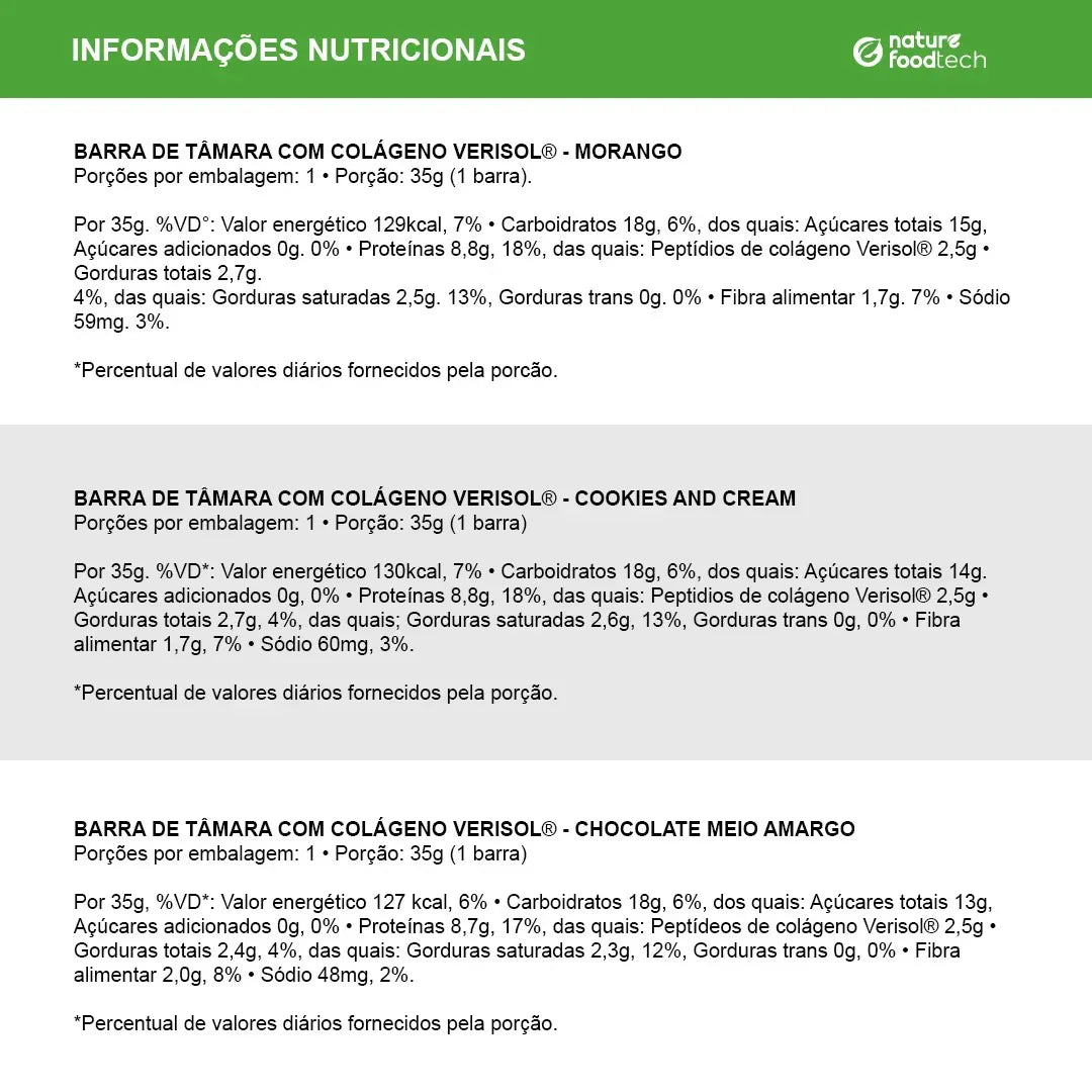 BARRA PROTEICA DE TÂMARA COM COLÁGENO VERISOL 35G NATURE FOODBAR - COOKIES AND CREAM